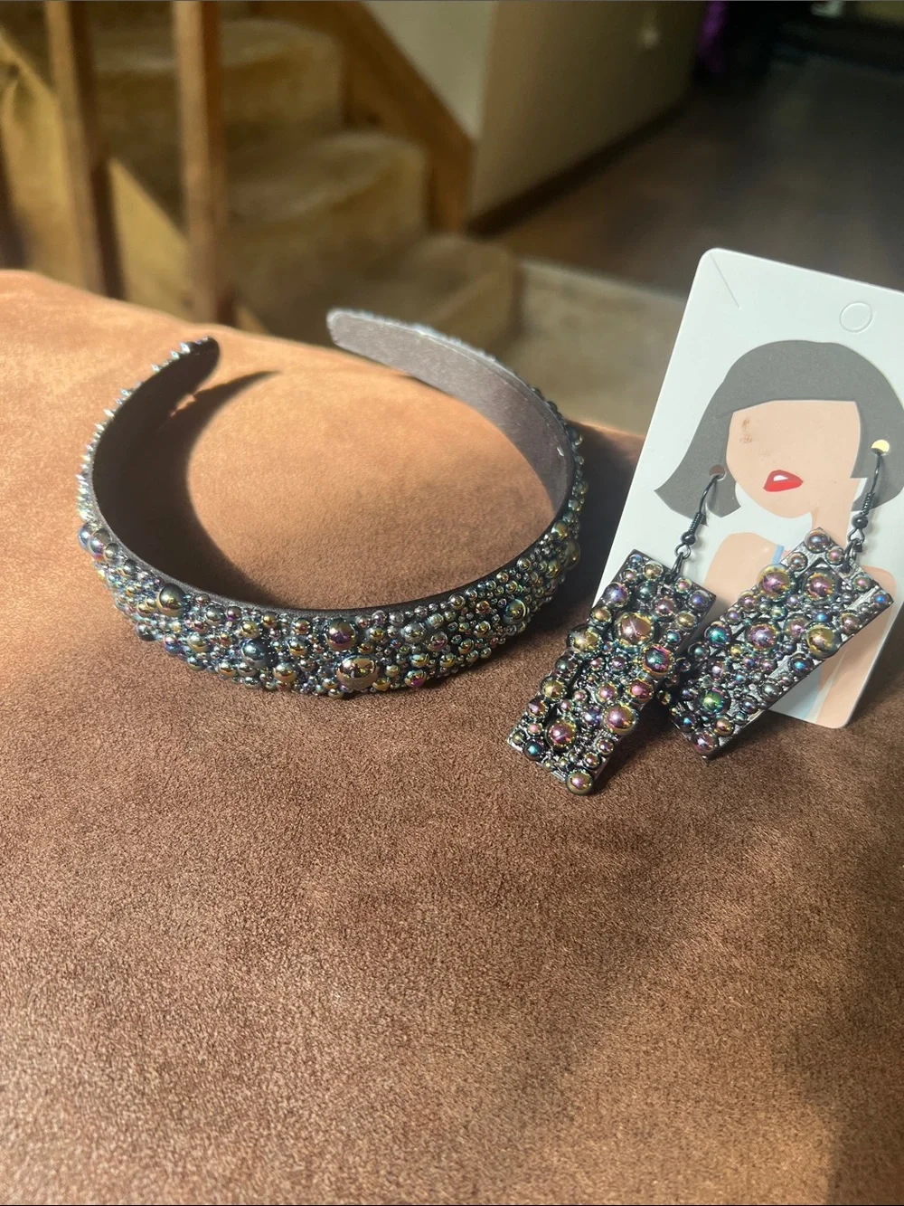 Beaded Black Iridescent Headband and Earrings Set